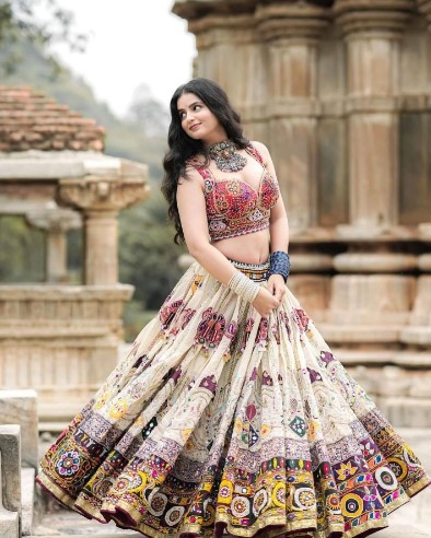 Muslin Mirror Work Lehenga Choli with Digital Prints
